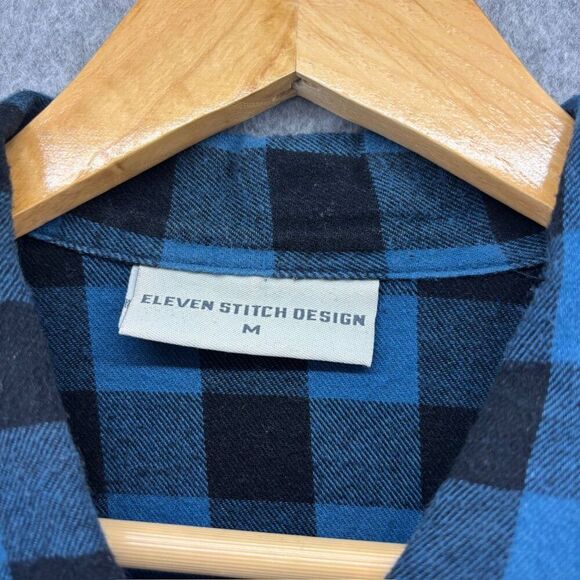 Eleven Stitch Design Medium Blue Black Plaid Button-Up Shirt Lagenlook Relaxed‎ - Picture 3 of 10